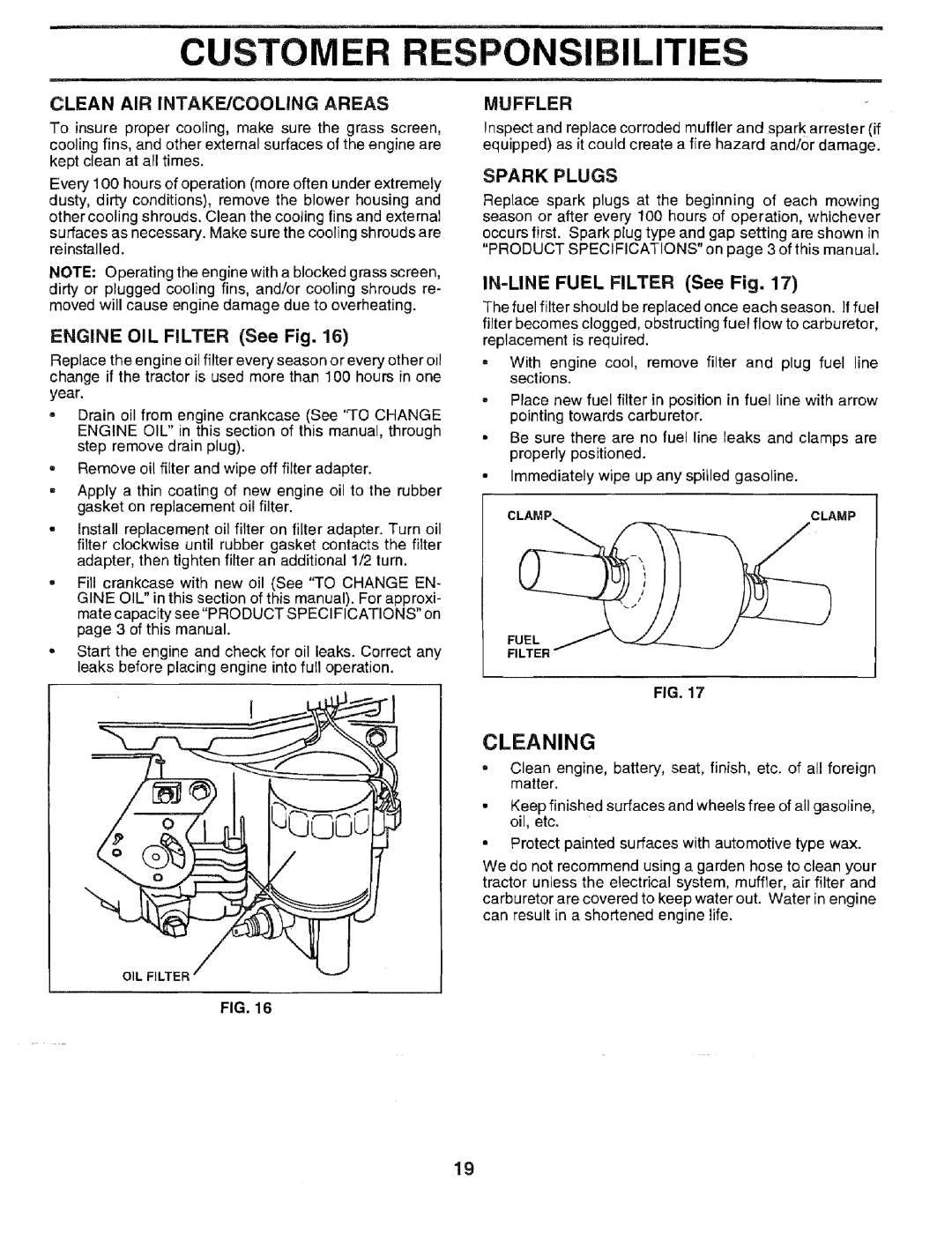 Sears 917.2566 owner manual Clean AIR INTAKE/COOLING Areas, Engine OIL Filter See Fig, Muffler, Spark Plugs 