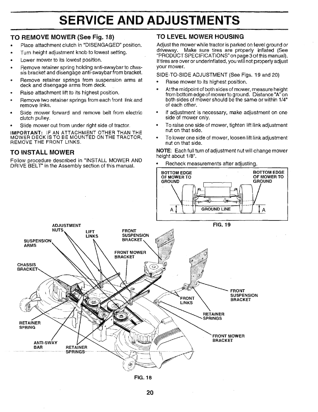 Sears 917.2566 Service, Adjustments, To Remove Mower See Fig, To Level Mower Housing, Recheck measurements After adjusting 