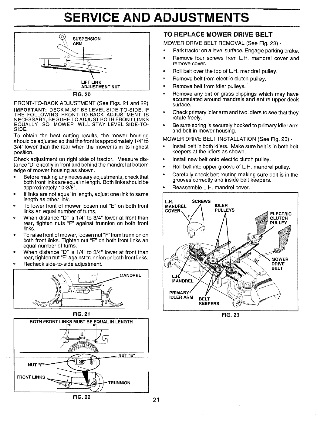 Sears 917.2566 Service and Adjustments, To Replace Mower Drive Belt, Equally SO Mower will Stay Level SIDE-TO- Side 