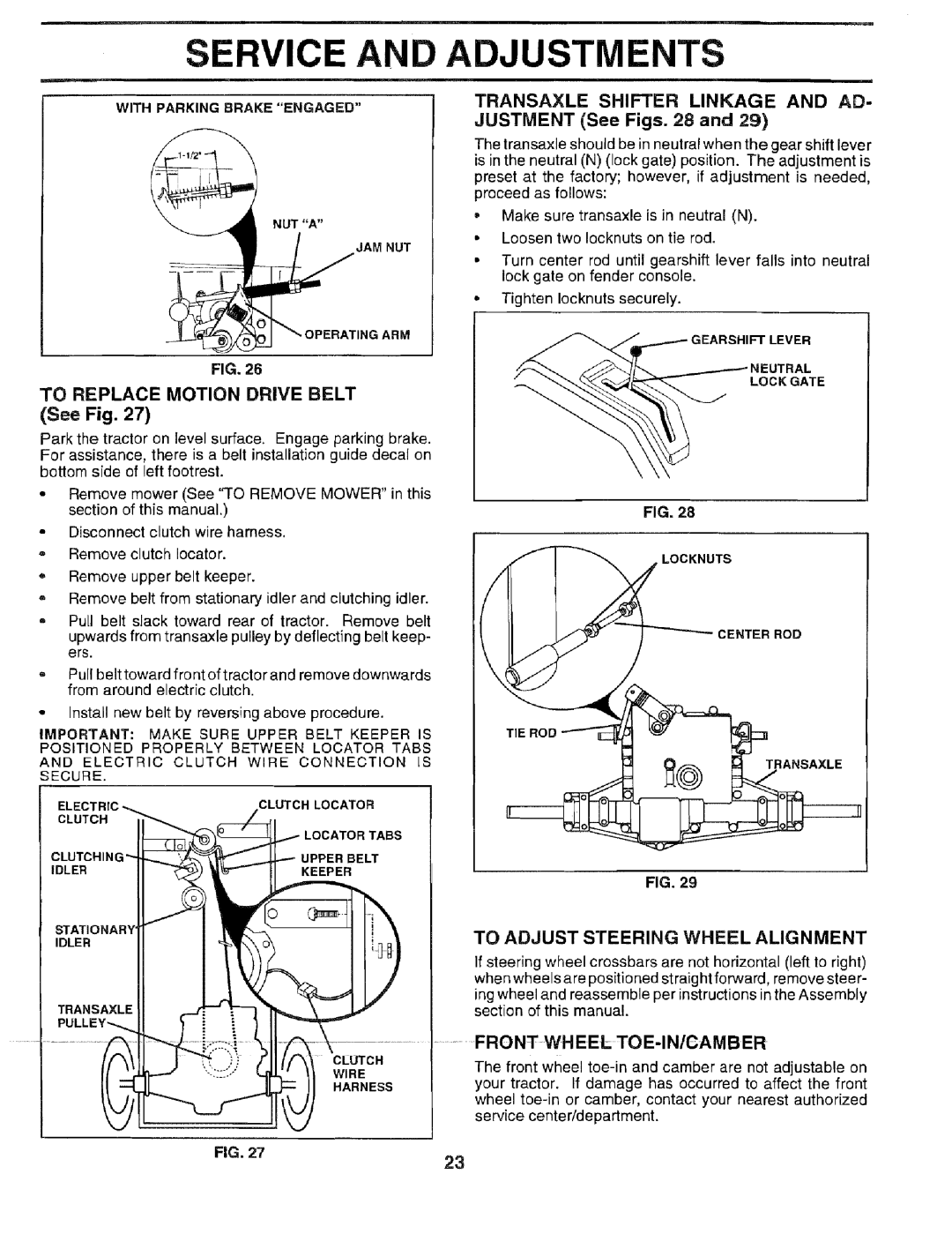 Sears 917.2566 Transaxle Shifter Linkage and AD- Justment See Figs, Transaxleii ,--J1--=, Frontwheel TOE-IN/CAMBER 