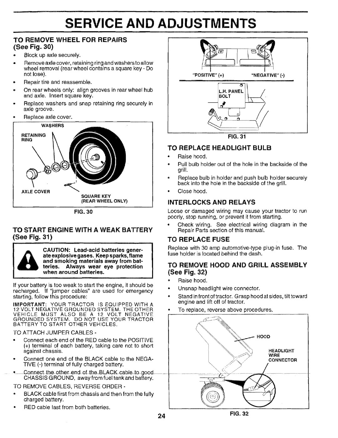 Sears 917.2566 To Remove Wheel for Repairs See Fig, To Start Engine with a Weak BAI-rERY See Fig, Interlocks and Relays 