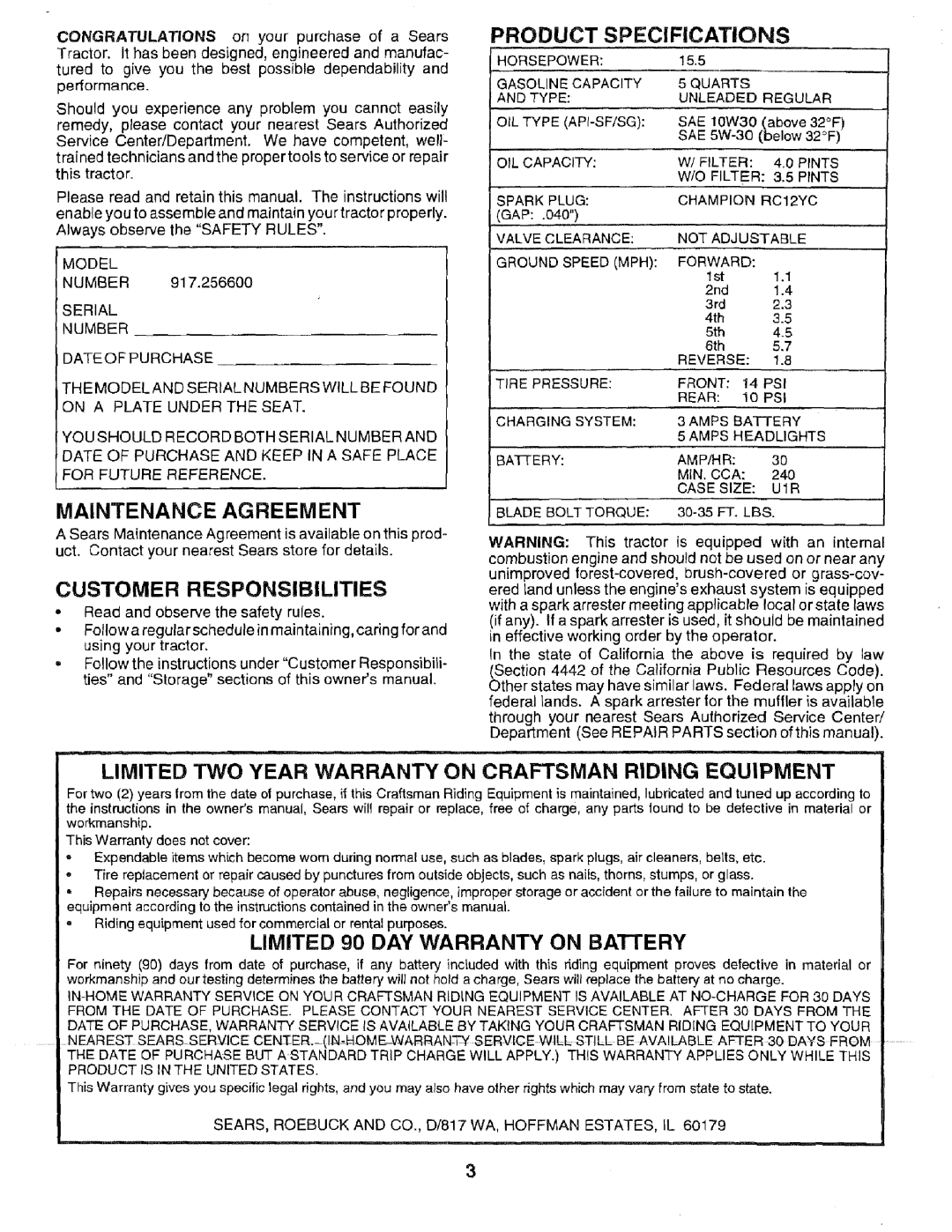 Sears 917.2566 Maintenance Agreement, Product Specifications, Limited TWO Year Warranty on Craftsman Riding Equipment 