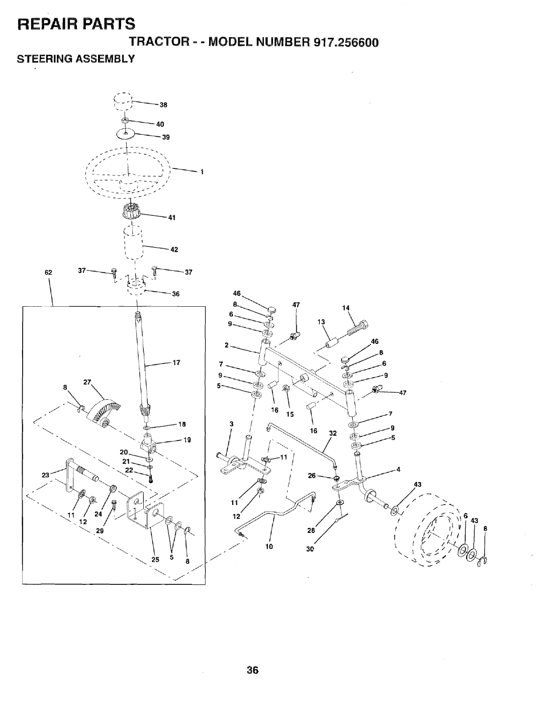 Sears 917.2566 owner manual Tractor - Model Number, Steering Assembly 