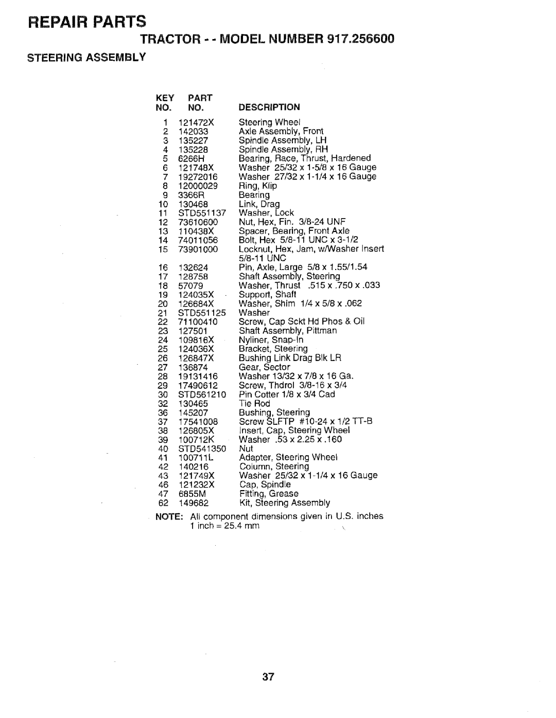 Sears 917.2566 owner manual Tractor -- Model Number, KEY Part, DESCRiPTiON, Wheel 