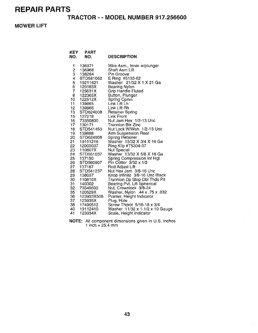 Sears 917.2566 owner manual Tractor --MODEL Number 917,256600, Mower Lift, Spring Retainer 