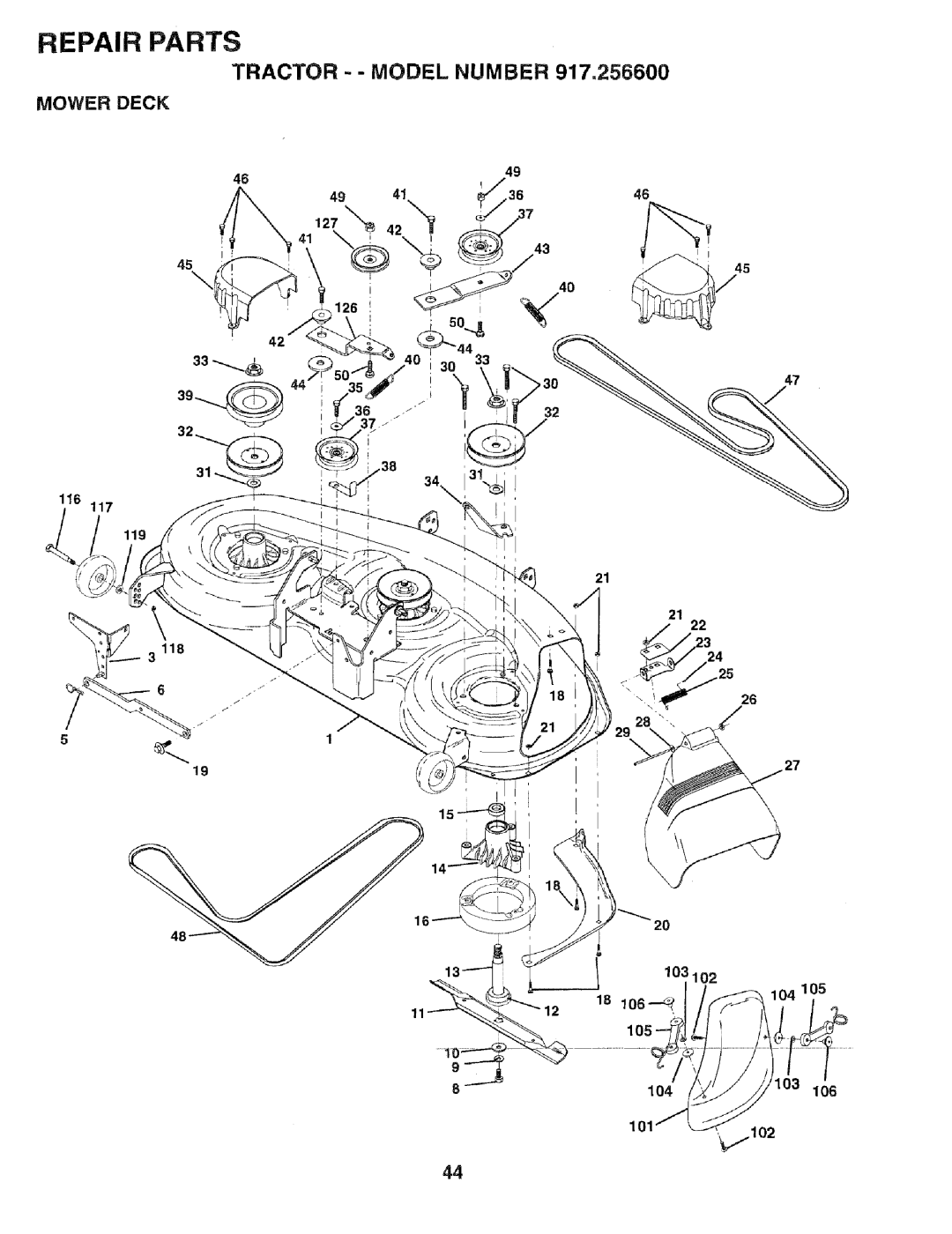 Sears 917.2566 owner manual Mower Deck, 1O5 104 106 101 