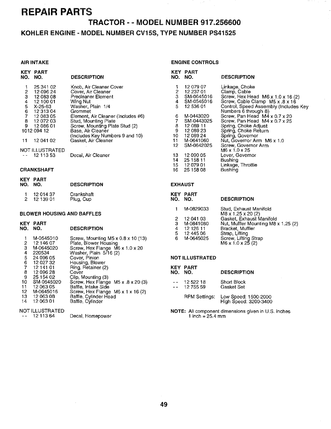 Sears 917.2566 owner manual Crankshaft KEY Part Description 