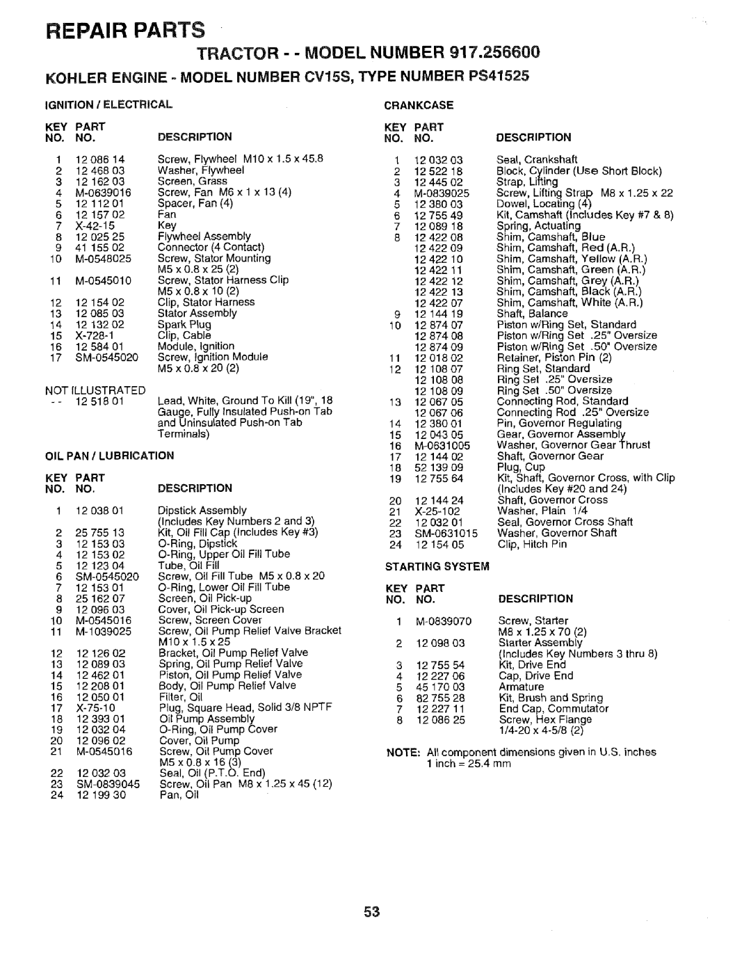 Sears 917.2566 owner manual KEY Part NO. no 