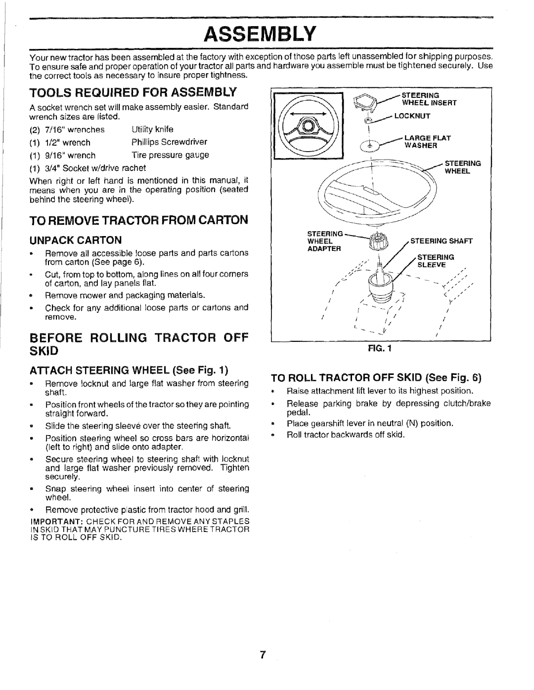 Sears 917.2566 owner manual Tools Required for Assembly, To Remove Tractor from Carton, Before Rolling Tractor OFF Skid 