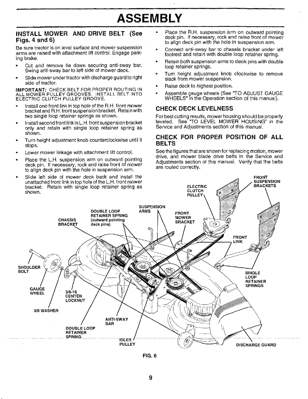 Sears 917.2566 owner manual Install Mower and Drive Belt See, Check Deck Levelness, Check for Proper Position of ALL Belts 