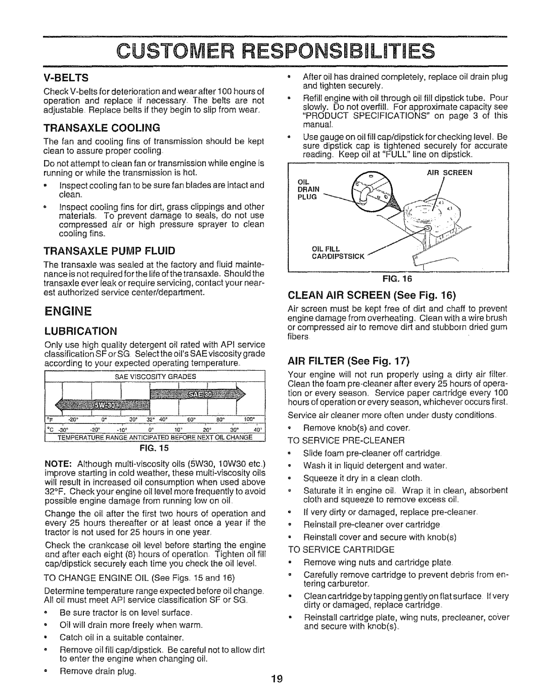 Sears 917.25667 owner manual Engine, Belts, Transaxle Cooling, Transaxle Pump Fluid, AIR Filter See Fig 