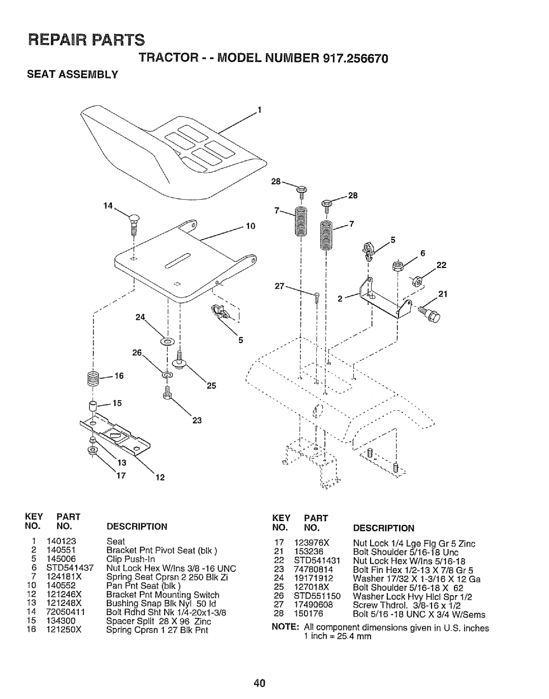 Sears 917.25667 owner manual Seat Assembly, Description 