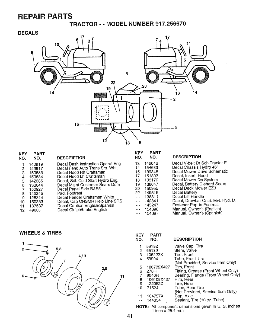 Sears 917.25667 owner manual Decals, Wheels Tires, Description KEY Part 