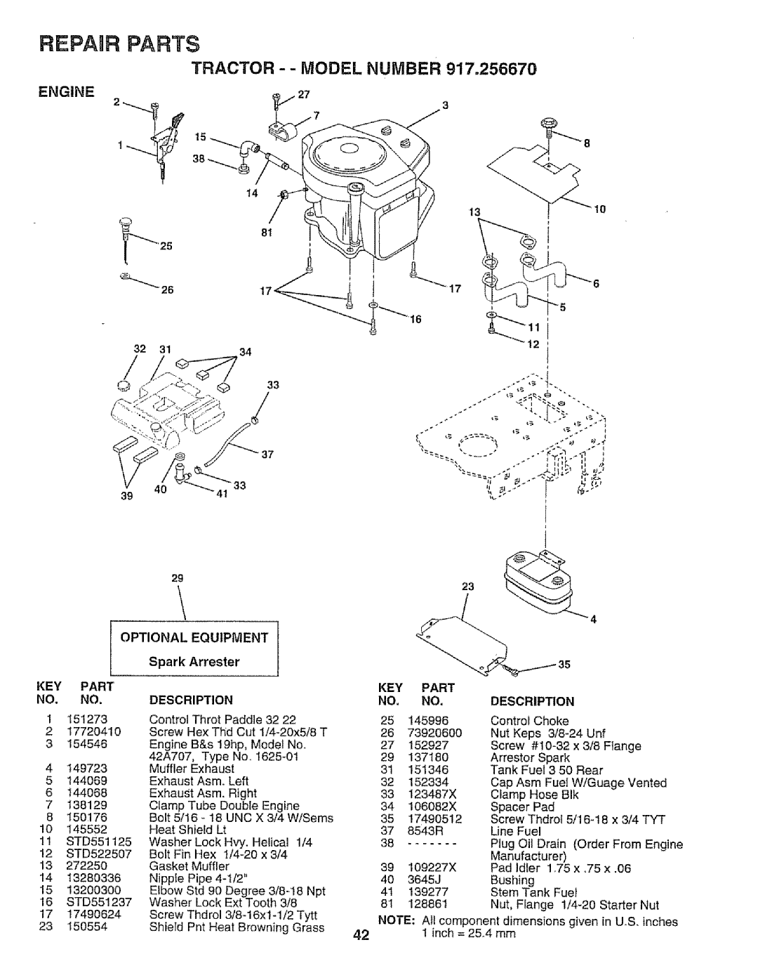 Sears 917.25667 owner manual ENGINE27, Optional Equipment, Key, Part KEY Description 