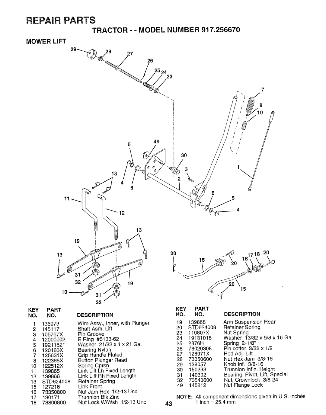 Sears 917.25667 owner manual Mower Lift, KEY Part 