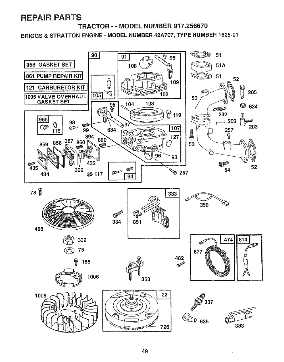 Sears 917.25667 owner manual Briggs & Stratton Engine Model Number 42A707, Type Number, Carburetor KIT, Gasket SET 