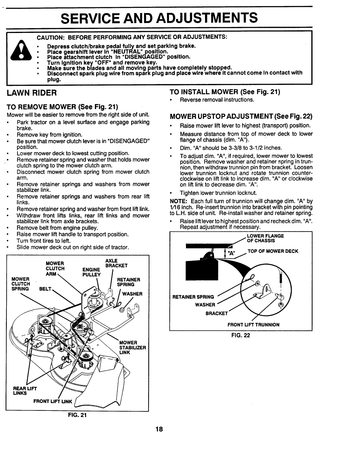 Sears 917.257462 manual Lawn Rider, To Remove Mower See Fig, To Install Mower See Fig, Mower Upstop Adjustment See Fig 