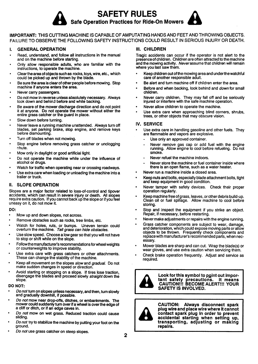 Sears 917.257462 manual Safe Operation Practices for Ride-On Mowers, II. Slope Operation, III. Children, Safety is Involved 