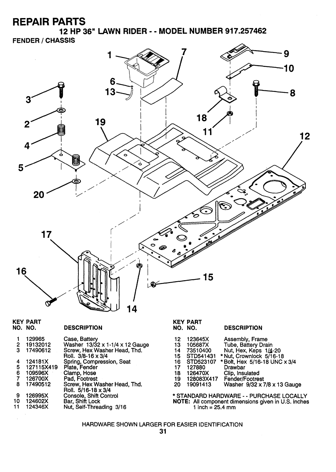 Sears 917.257462 manual Fender / Chassis, Case, Battery, Frame, Washer, Standard Hardware 