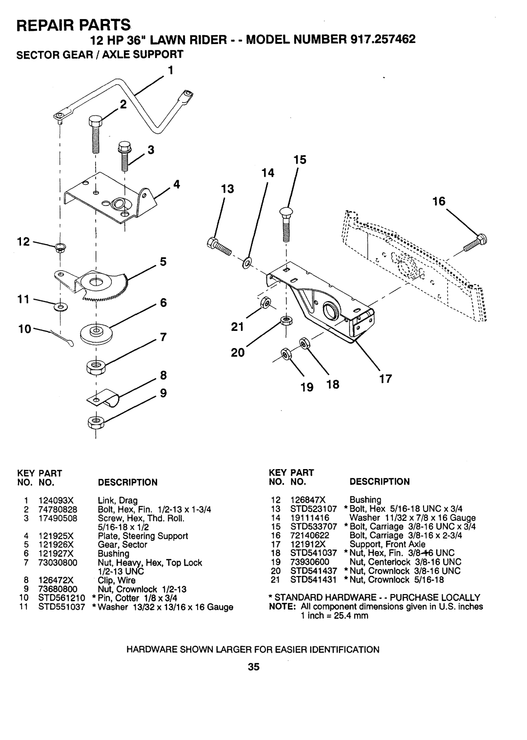 Sears 917.257462 manual Sector Gear / Axle Support, Link, Drag, Bolt, Hex 