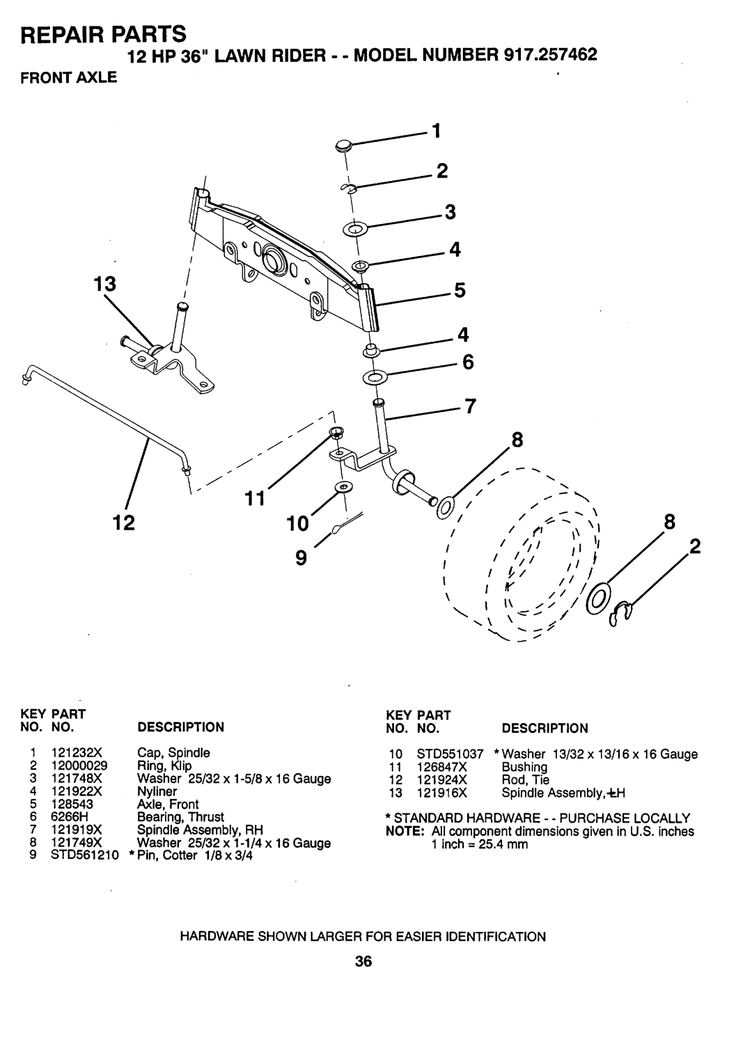 Sears 917.257462 manual Front Axle, Cap, Spindle, 25/32 x 1-5/8 x 16 Gauge, Standard Hardware Purchase Locally 