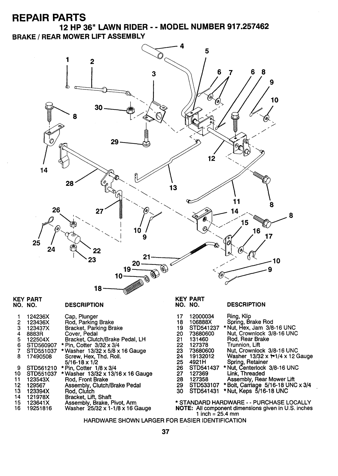 Sears 917.257462 manual Brake / Rear Mower Lift Assembly, Key, 122504X, Hardware Shown Larger 