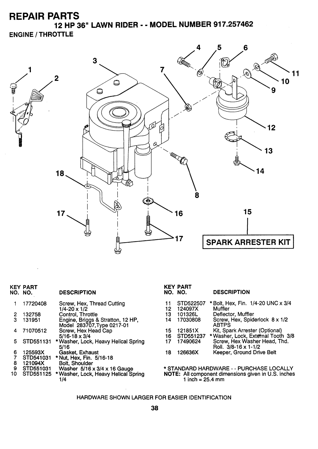 Sears 917.257462 manual Engine / Throttle, Standard Hardware Purchase 