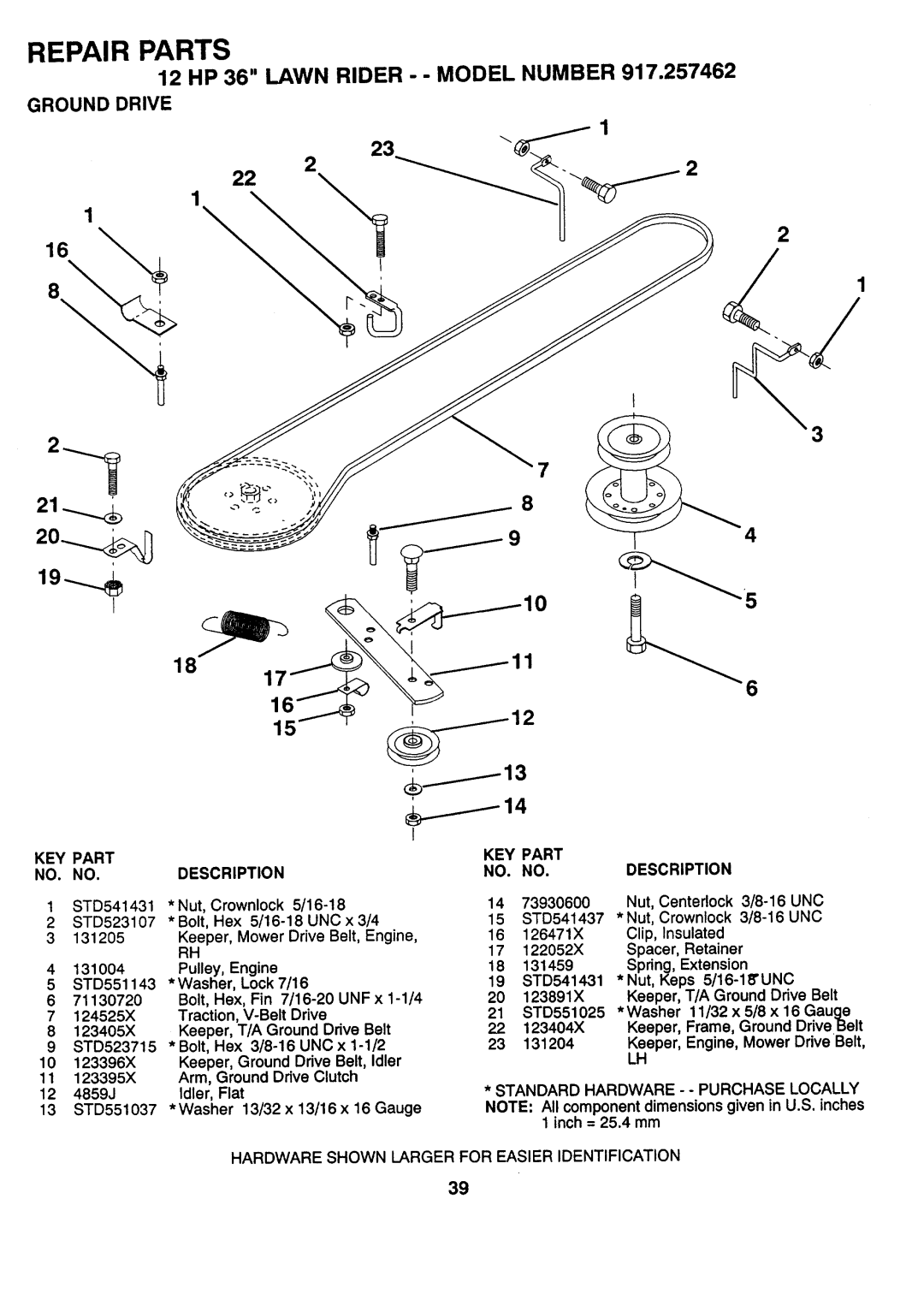 Sears 917.257462 manual Keeper, Ground Drive Belt, Idler, Arm, Ground Drive Clutch, Idler, Flat 