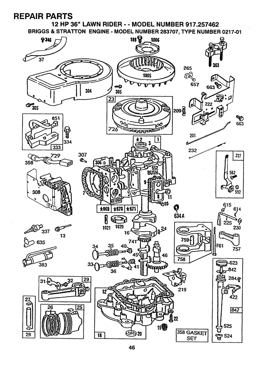 Sears 917.257462 manual Briggs & Stratton Engine Model Number 283707, Type Number, 265, 3O7, 219 422, 657 334 