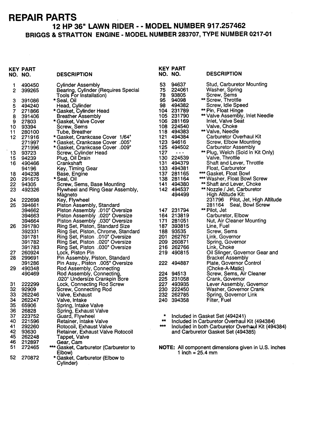 Sears 917.257462 490450, Bearing, Cylinder Requires Special 224061, 93805, 391086, 494382, 231789, 391406, 281169, 222299 