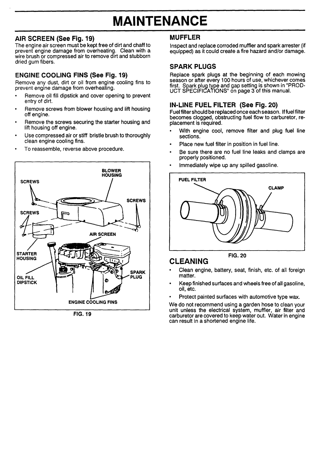 Sears 917.257462 manual Cleaning, AIR SCREEN See Fig, Muffler, ENGINE COOLING FINS See Fig, Spark Plugs, Maintenance 