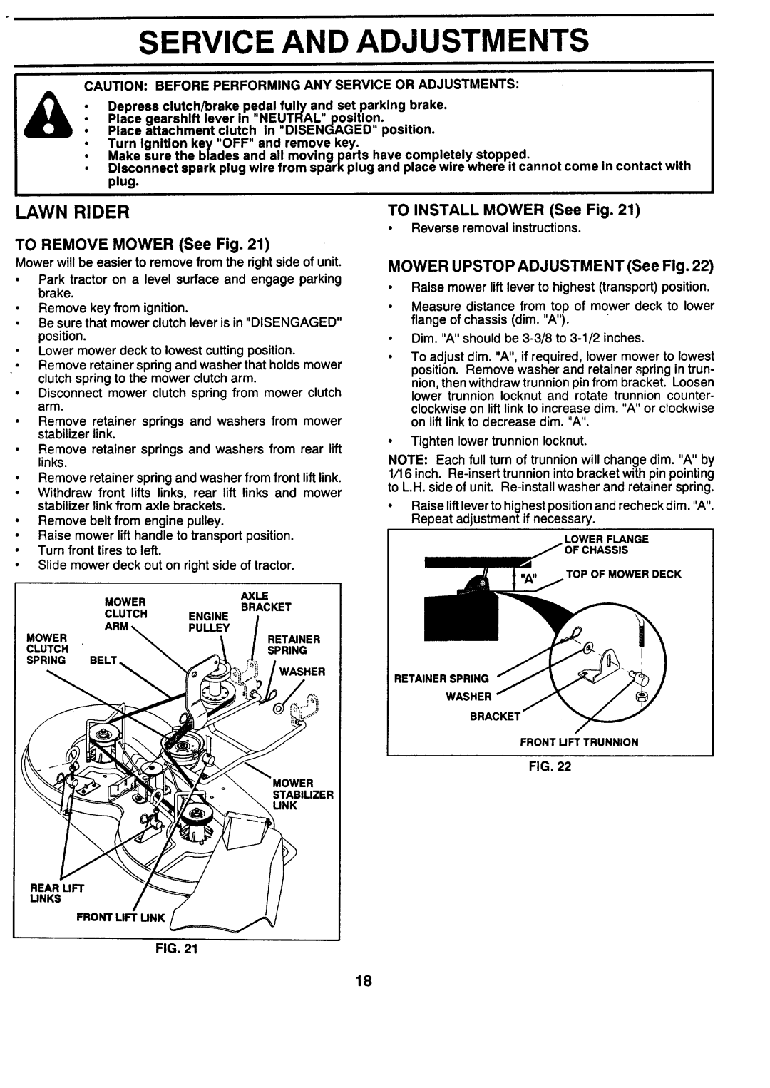 Sears 917.257462 manual Service And Adjustments, Lawn Rider, TO REMOVE MOWER See Fig, TO INSTALL MOWER See Fig 