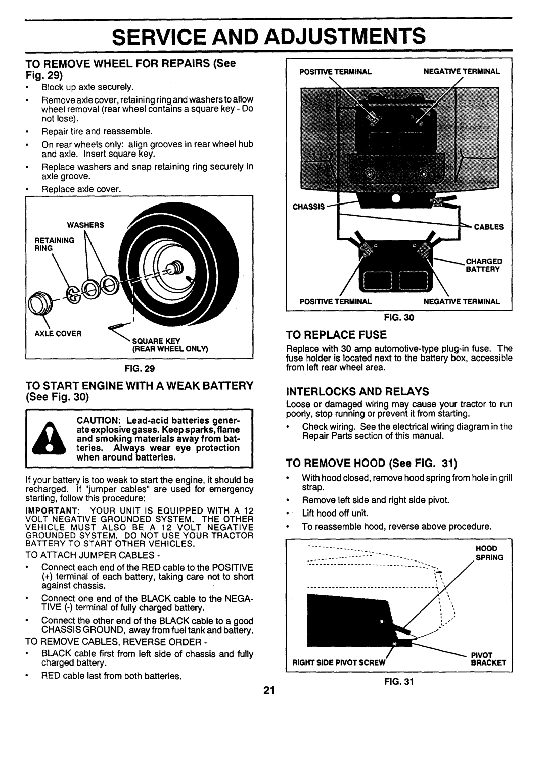 Sears 917.257462 TO START ENGINE WITH A WEAK BATTERY See Fig, TO REMOVE HOOD See FIG, TO REMOVE WHEEL FOR REPAIRS See Fig 