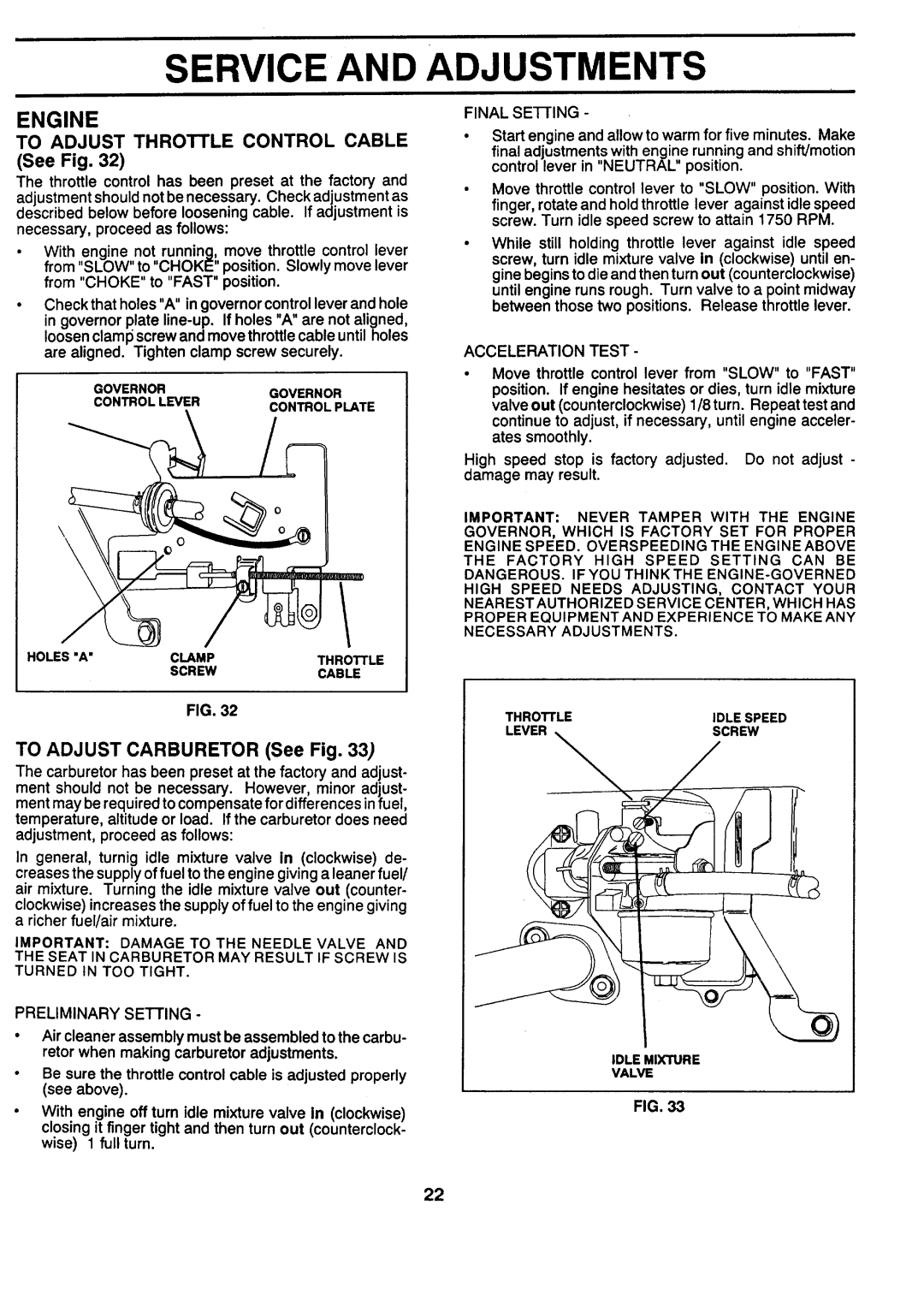 Sears 917.257462 manual Engine, TO ADJUST CARBURETOR See Fig, Service And Adjustments 