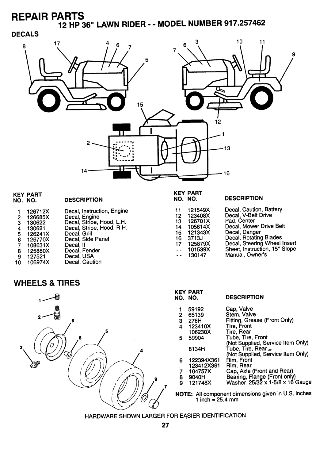 Sears 917.257462 manual Repair Parts, Wheels, Tires, Decals, 12 HP 36 LAWN RIDER - - MODEL NUMBER 