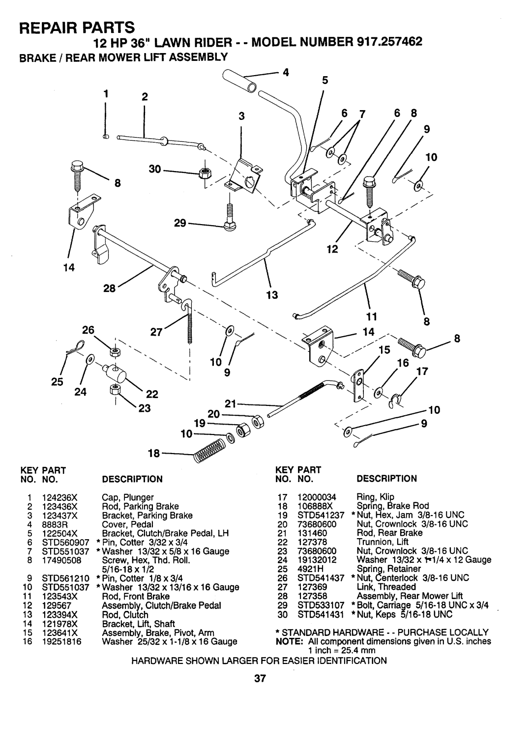 Sears 917.257462 Brake / Rear Mower Lift Assembly, 10 8, Repair Parts, 12 HP 36 LAWN RIDER - - MODEL NUMBER, > Key No 