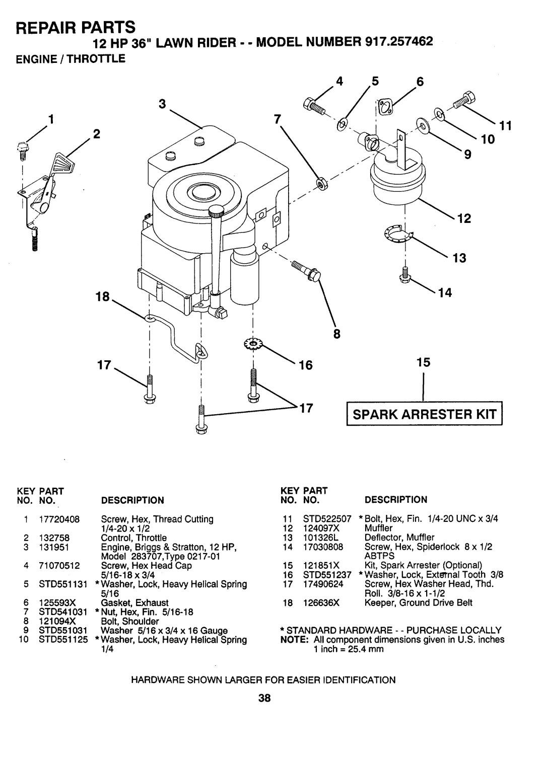 Sears 917.257462 manual 13 14, 15 17, Engine / Throttle, Repair Parts, 12 HP 36 LAWN RIDER - - MODEL NUMBER 