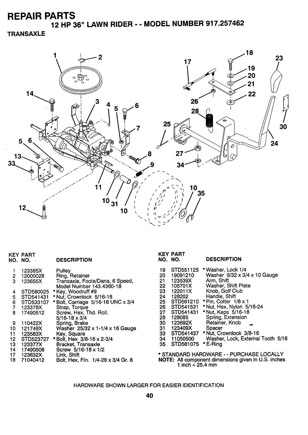 Sears 917.257462 manual 12 HP 36 LAWN RIDER --MODEL NUMBER, 9 21, 3 2530, 10 10, Transaxle, Repair Parts 