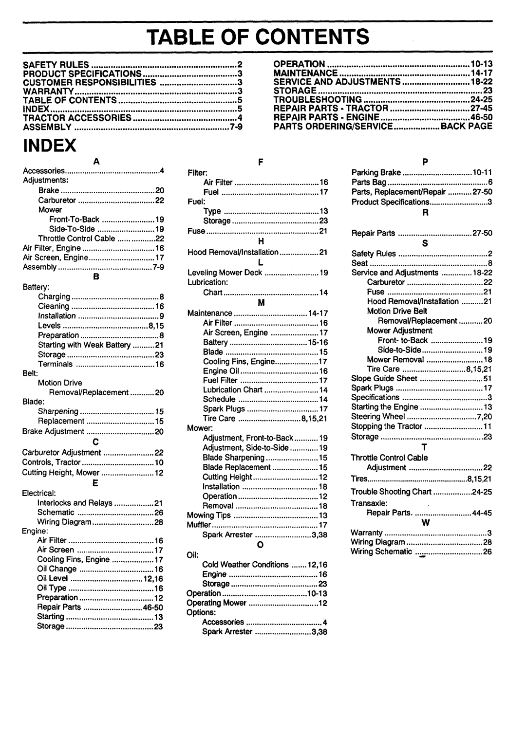 Sears 917.257462 manual Table Of Contents, Index 