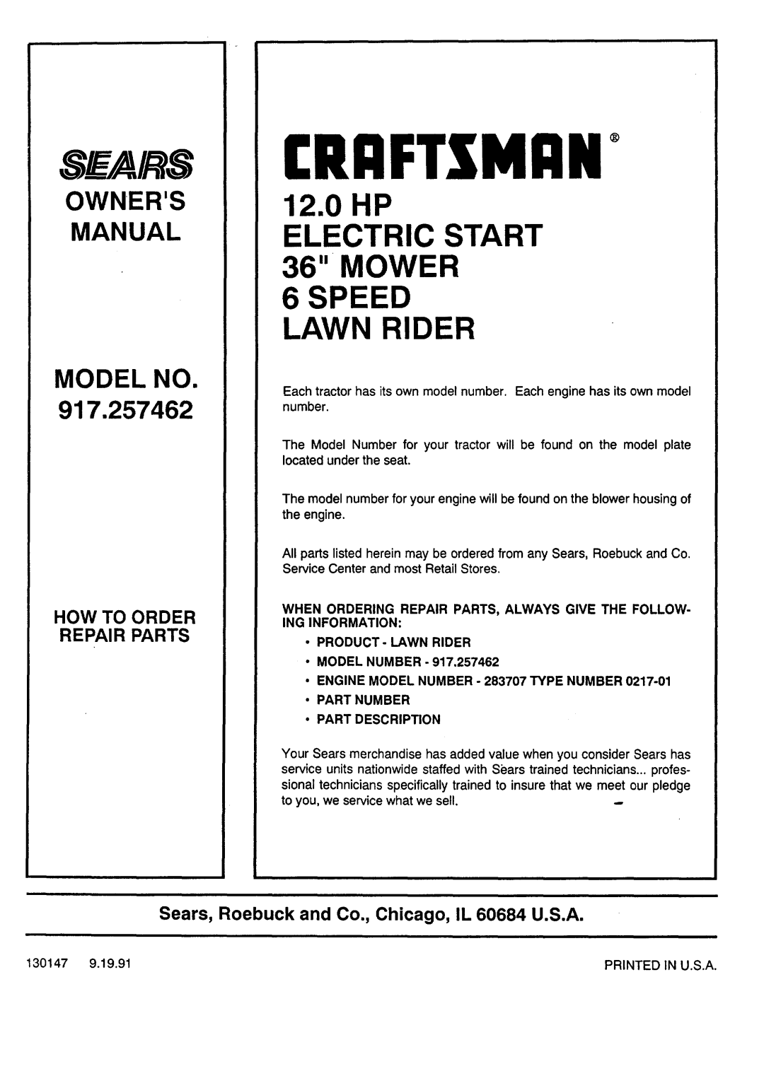 Sears 917.257462 12.0HP ELECTRIC START 36 MOWER 6 SPEED LAWN RIDER, How To Order Repair Parts, Ri:Iftsmi:In, Se_/A/ S 