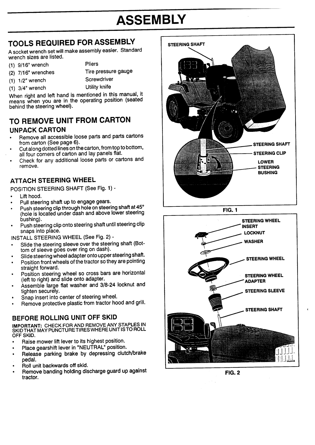 Sears 917.257462 Tools Required For Assembly, To Remove Unit From Carton, Before Rolling Unit Off Skid, Unpack Carton 