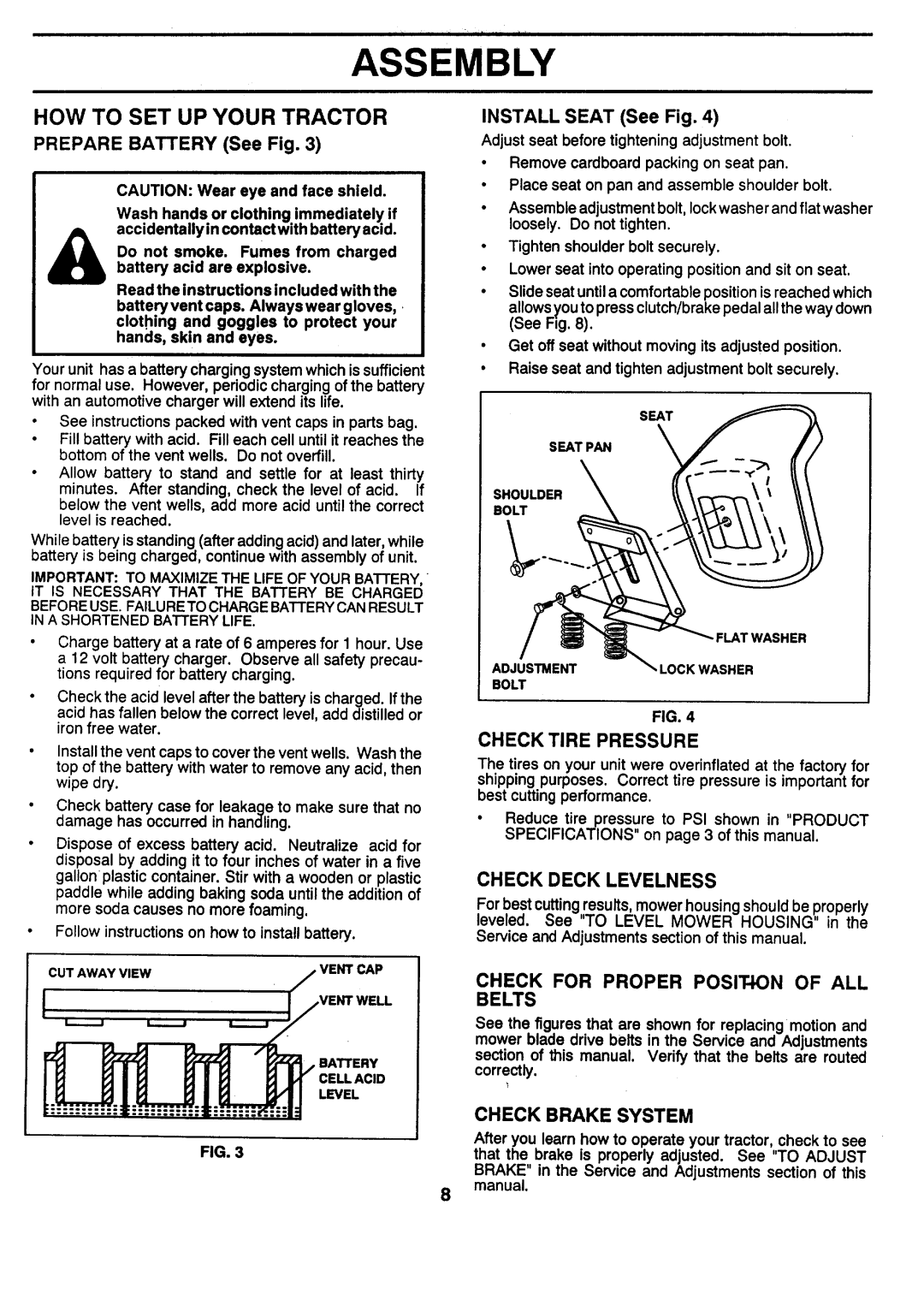 Sears 917.257462 manual Assembly, How To Set Up Your Tractor, Checktire Pressure, Check Deck Levelness, Check Brake System 