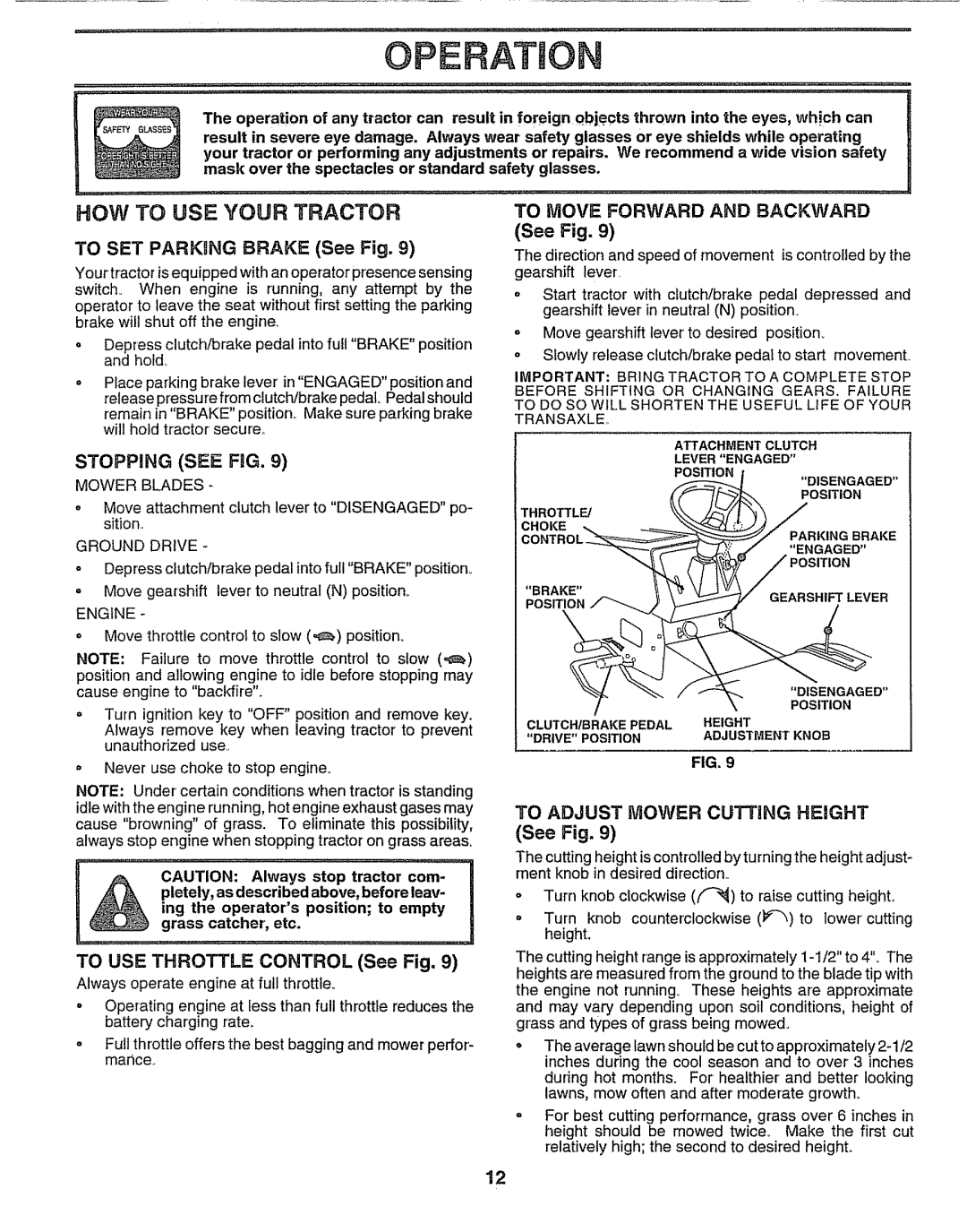 Sears 917.257552 HOW to USE Your Tractor, To SET PARKgNG Brake See Fig, Stopping see RG, To Move Forward and Backward 