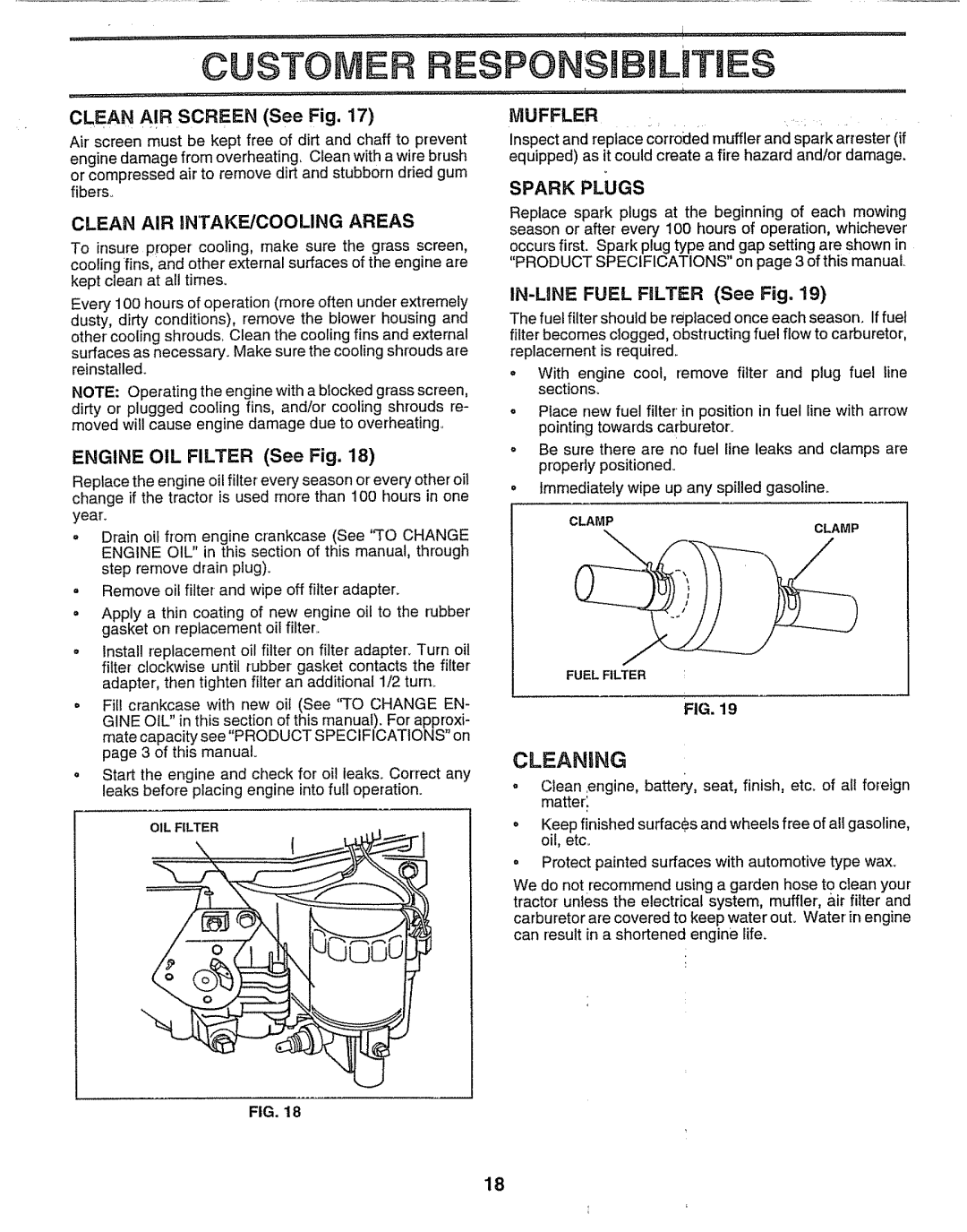 Sears 917.257552 manual ¢USTO Responsj Litie, Cleaning, Clean A!R Screen See Fig, Clean AIR INTAKE/COOLING Areas, Muffler 