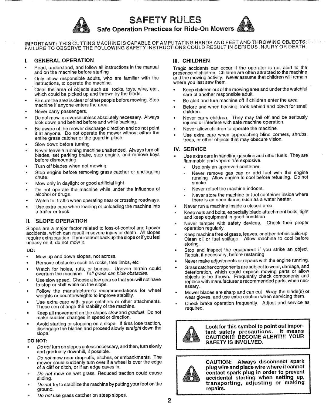 Sears 917.257552 manual Safe Operation Practices for Ride-On Mowers, Transporting, adjusting or making repairs 