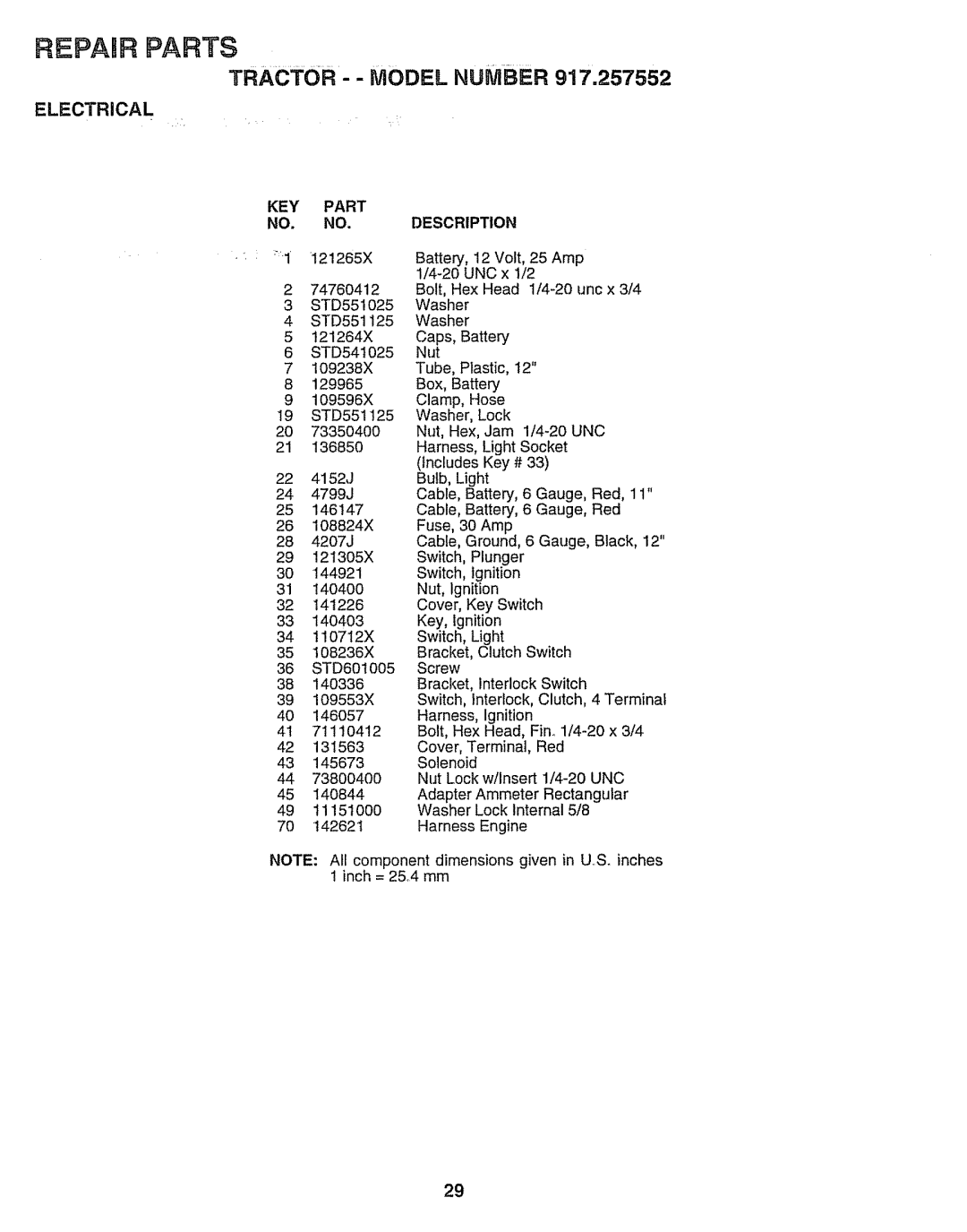 Sears 917.257552 manual TRACTOR-- Model Number, KEY Part NO. NO.DESCRIPTION, Interlock, Clutch, Unc 