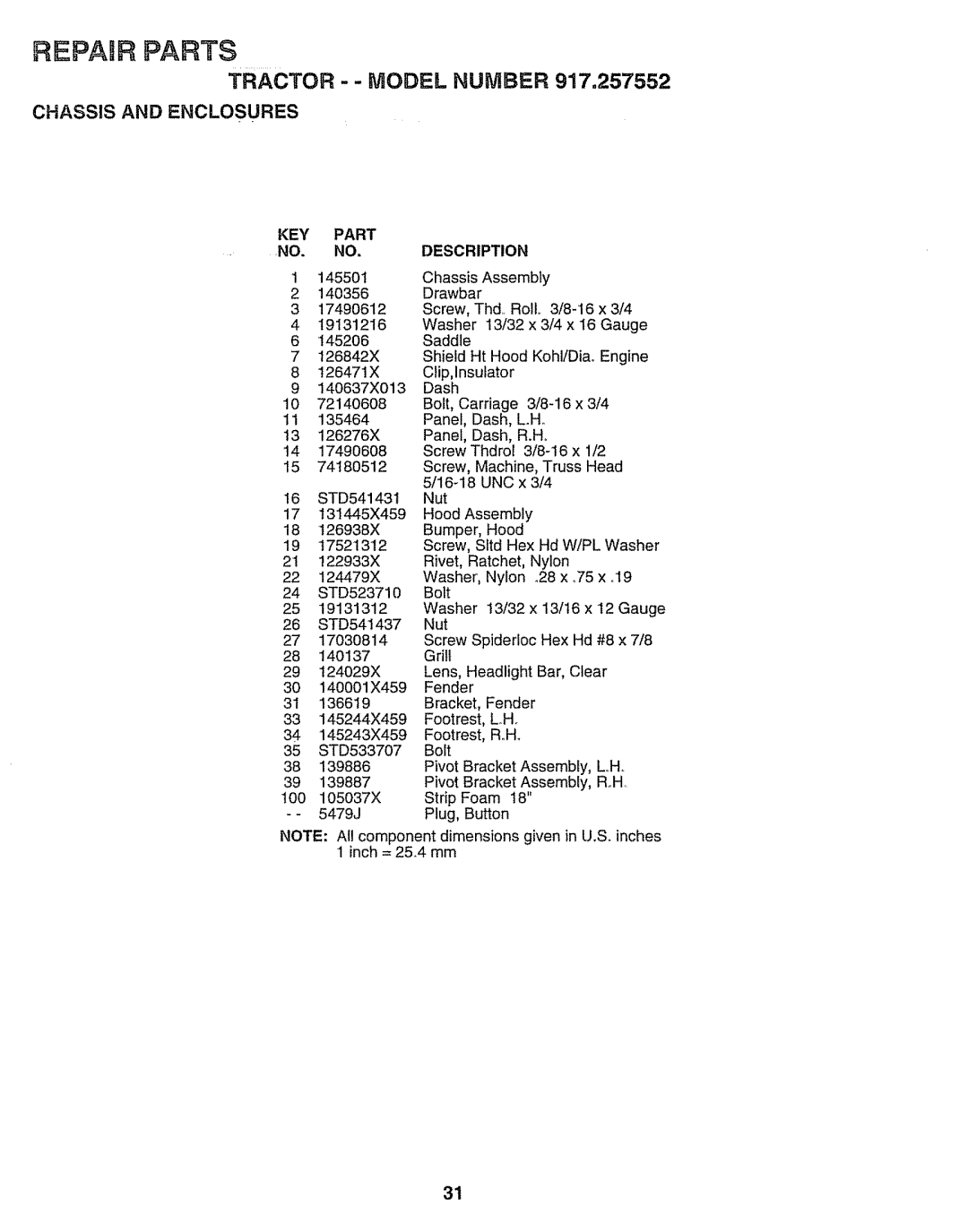 Sears 917.257552 manual Tractor -- Model Number, Key, Part Description 