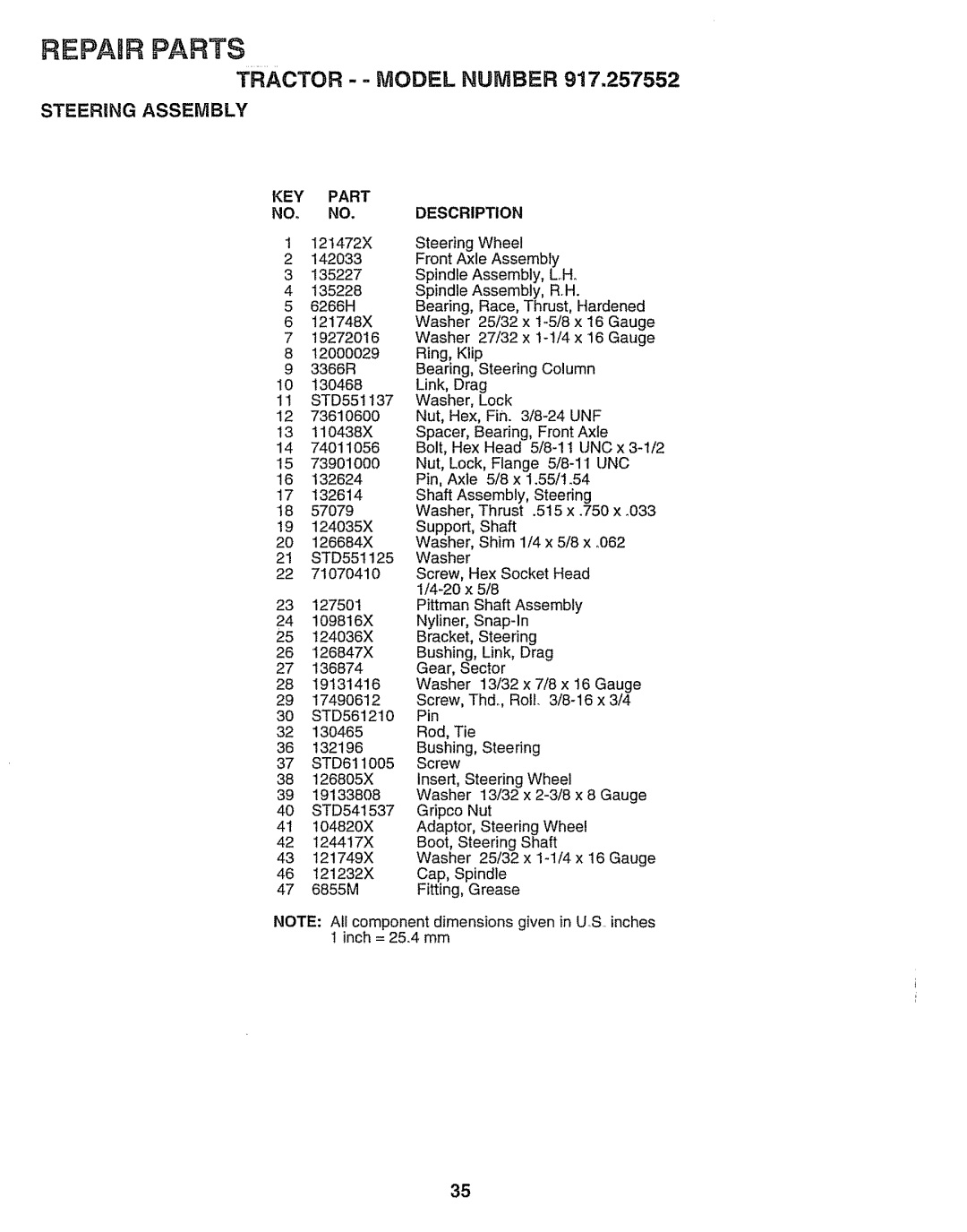 Sears 917.257552 manual Steering Assembly, KEY Part NO. NO. Description 