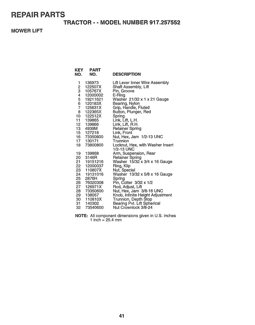 Sears 917.257552 manual Tractor - Model Number, Mower Lift 