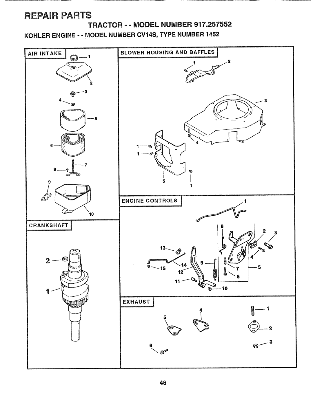 Sears 917.257552 manual Kohler Engine - Model Number CV14S, Type Number, Blower Housing and Baffles 